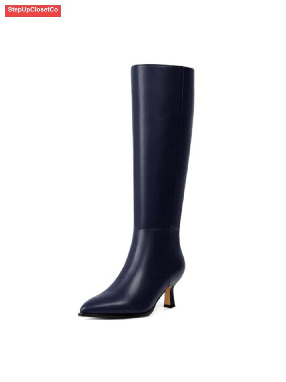 Kitten Heel Knee High Boots Faux Leather Pointed Toe Side Zip
